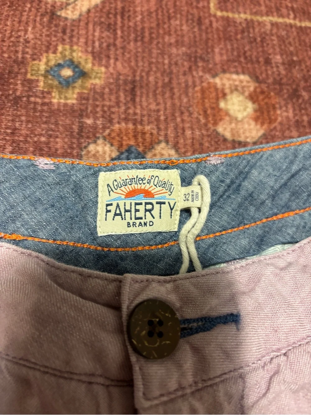 Faherty Men's Pink cotton 6 in Chino Shorts Chambray Flat Front Slash Pockets